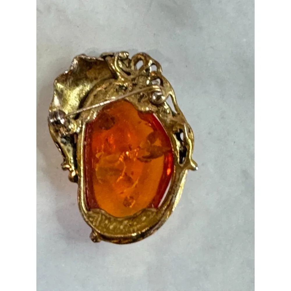 Vintage Goldplated Amber Brooch 2" Oval Shape With Intricate Design - Picture 4 of 4